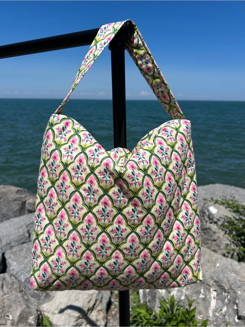 Butter Yellow & Pink Quilted Floral Ogee Print Shoulder Bag